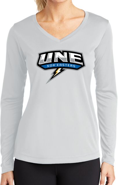 New England Womens Performance Long Sleeve V Neck Shirt UNE w Bolt - ONLINE ONLY