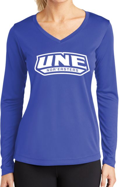 New England Womens Performance Long Sleeve V Neck Shirt UNE - ONLINE ONLY