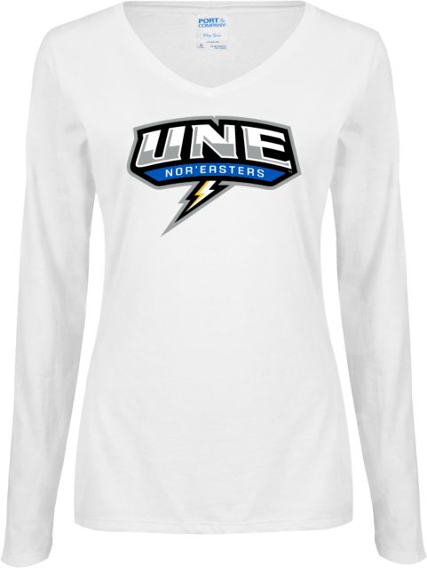 New England Womens Long Sleeve V Neck Tee UNE w Bolt - ONLINE ONLY
